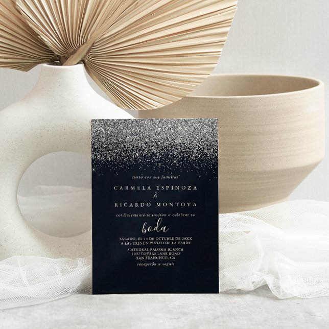 Silver Confetti Calligraphy Spain Bröllop Inbjudningar (Skapare uppladdad)