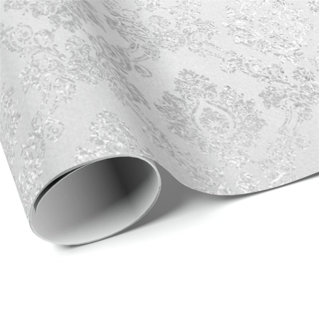 Silver Confetti Damask Royal Princess Glam Vip Presentpapper (Rullad Hörn)
