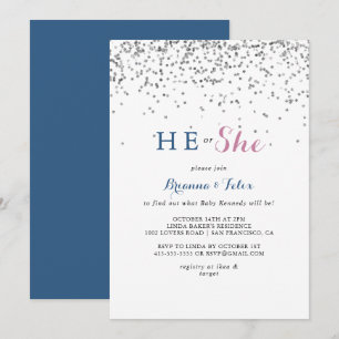 Silver Confetti Gender Reveal Inbjudningar