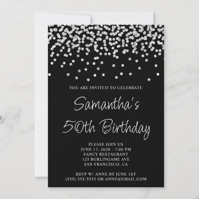 Silver Confetti Glitter Black 50:e födelsedagen Inbjudningar (Framsida)