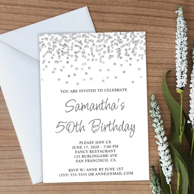 Silver Confetti Glitter Vit 50:e födelsedagen Inbjudningar (Create your own birthday invitation.)