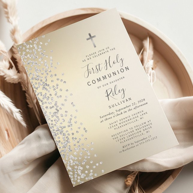 Silver Confetti Guld Ombre First Heliga Communion Inbjudningar (Skapare uppladdad)