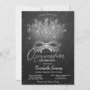 Silver Confetti Mask Dark Quinceañera Inbjudningar