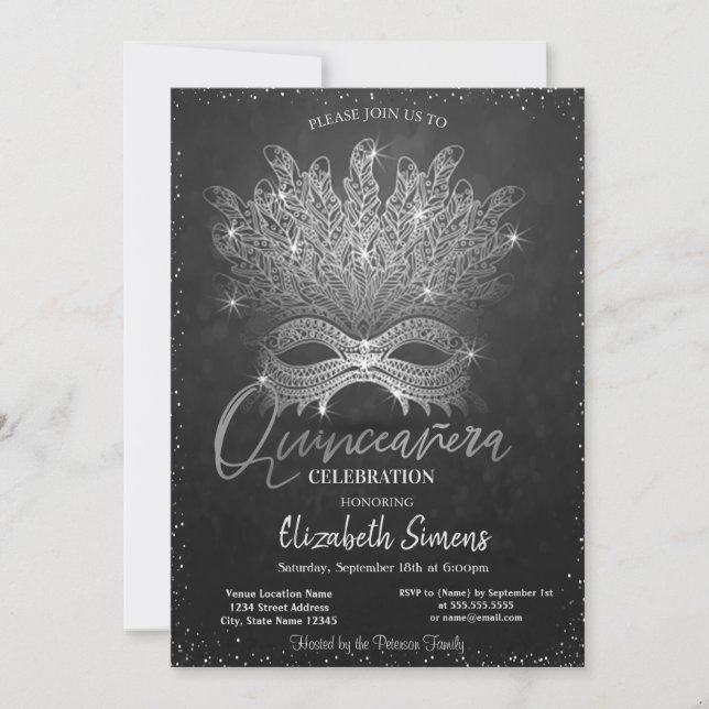 Silver Confetti Masque Mörk Quinceañera Inbjudningar (Framsida)