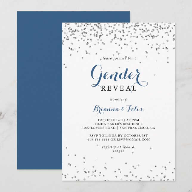 Silver Confetti Minimalist Gender Reveal Party Inbjudningar (Fram/baksida)