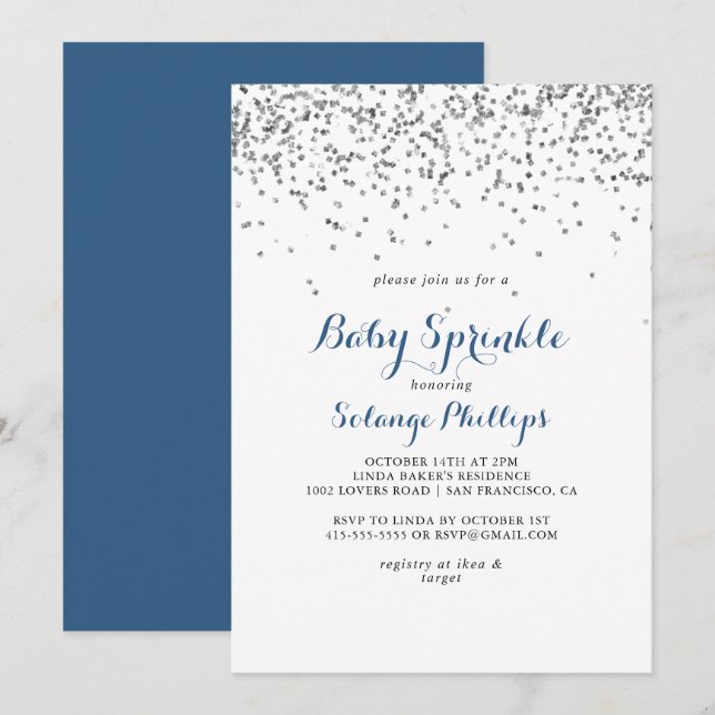 Silver Confetti minimalistisk Baby-skinkle Inbjudningar (Fram/baksida)