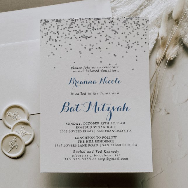 Silver Confetti minimalistisk Bat mitzvah Inbjudningar (Skapare uppladdad)