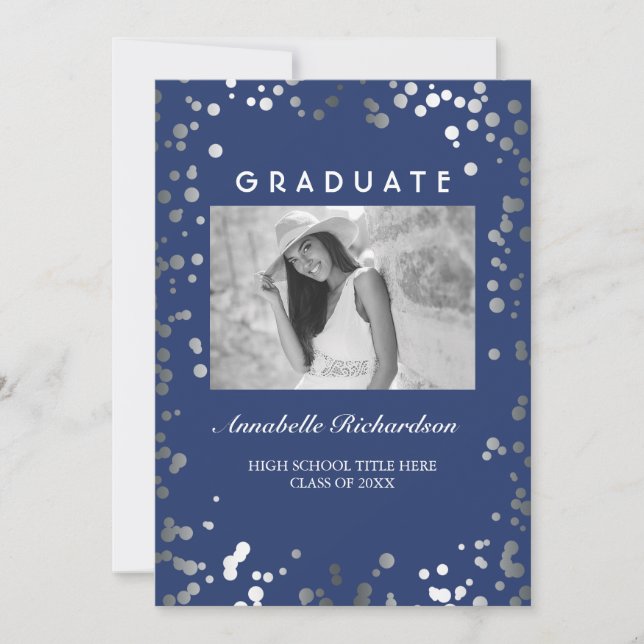 Silver Confetti Navy Blue Elegant Photo Studenten Inbjudningar (Framsida)