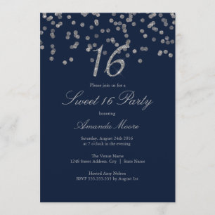 Silver Confetti Navy Sweet Sixteen Inbjudan