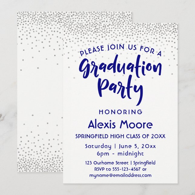 Silver Confetti & Navy Typography Grad Party, 2 Inbjudningar (Fram/baksida)