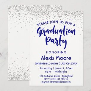 Silver Confetti & Navy Typography Grad Party, 2 Inbjudningar