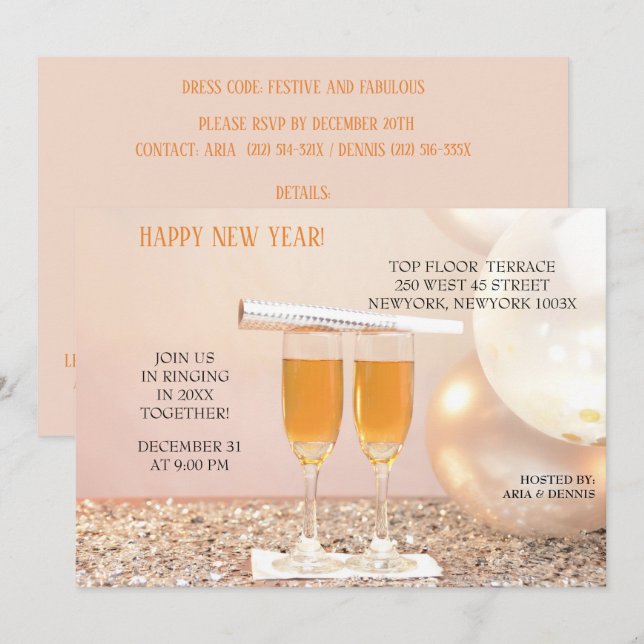 Silver Confetti nyårssaxar för champagne Inbjudningar (Fram/baksida)