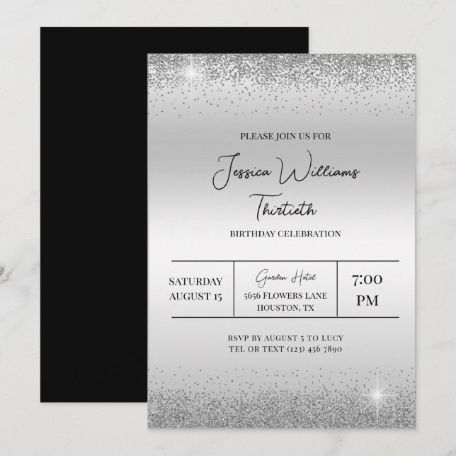 Silver Confetti och Sparkles födelsedag Inbjudningar (Fram/baksida)