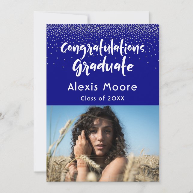 Silver Confetti on Navy, Photo Grad Announcement Meddelande (Framsida)