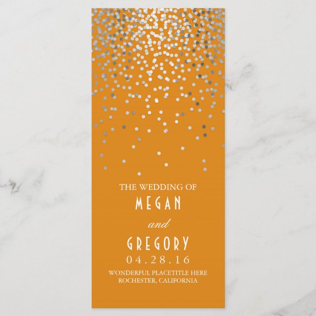 Silver Confetti Orange Elegant bröllop Program (Framsida)