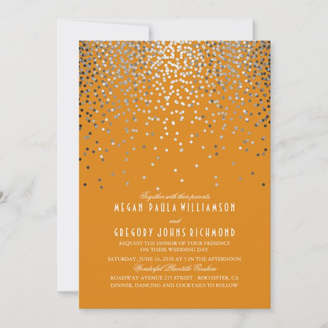 Silver Confetti - Starry Ljus Orange Bröllop Inbjudningar (Framsida)