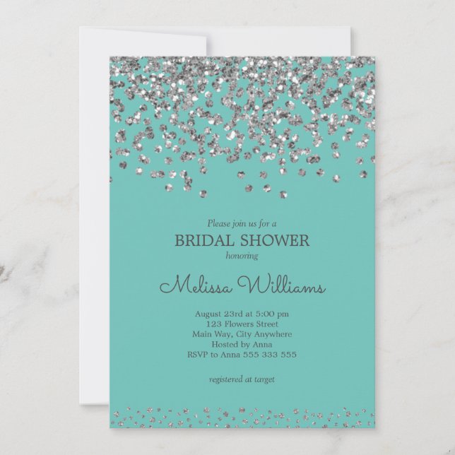 Silver Confetti Teal Elegant Modern Möhippa Inbjudningar (Framsida)
