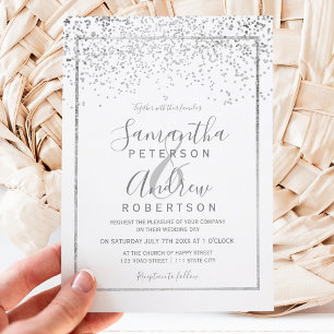Silver confetti white typography wedding inbjudningar