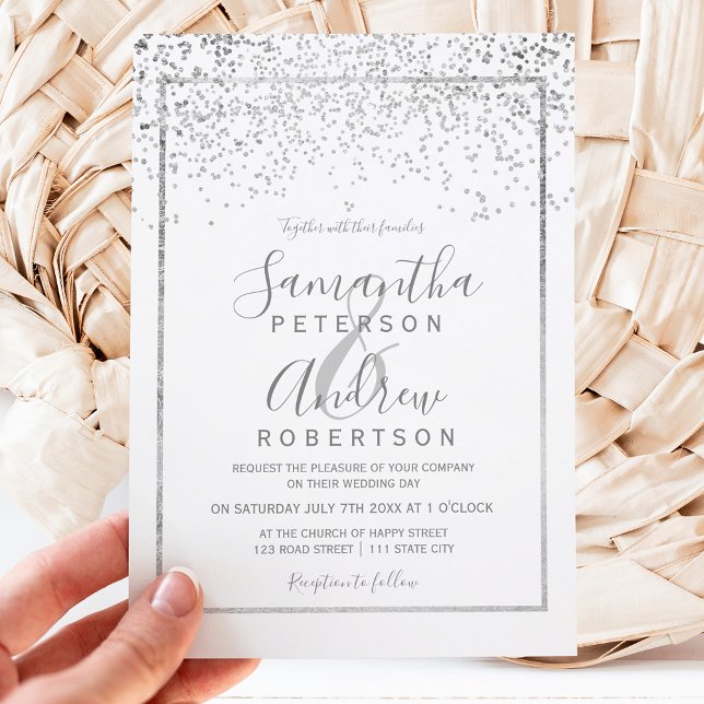 Silver confetti white typography wedding inbjudningar (Skapare uppladdad)