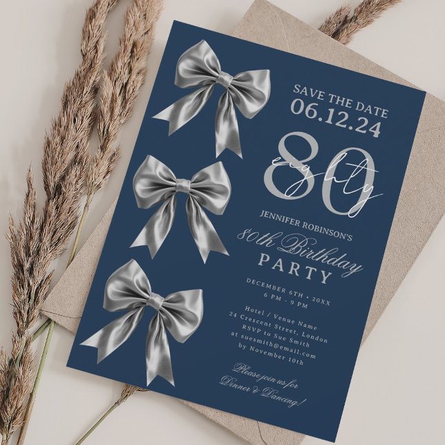 Silver Coquette Bow Save Date 80-årsdag Navy  Inbjudningar (Silver Coquette Bow Save Date 80th Birthday Navy Invitation)