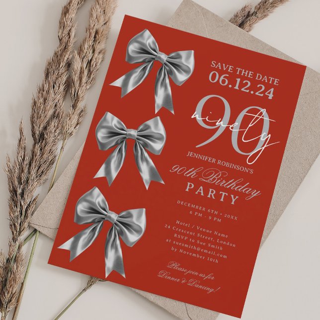 Silver Coquette Bow Save Datum 90-årsdag Röd Inbjudningar (Silver Coquette Bow Save Date 90th Birthday Red Invitation)