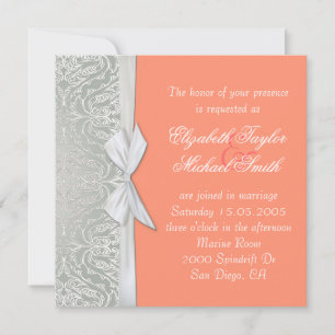 Silver/Coral Damask Wedding Inbjudan