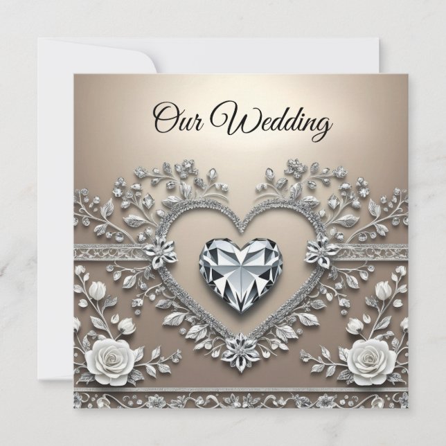 Silver & Cream Elegance: Diamond Heart Bröllop Inv (Framsida)