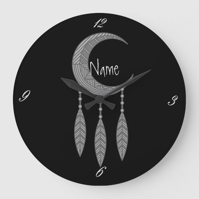 Silver Crescent Måne Feathers Thunder_Cove Stor Klocka (Framsida)