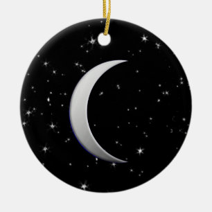 Silver crescent måne - stjärnbakgrund julgransprydnad keramik