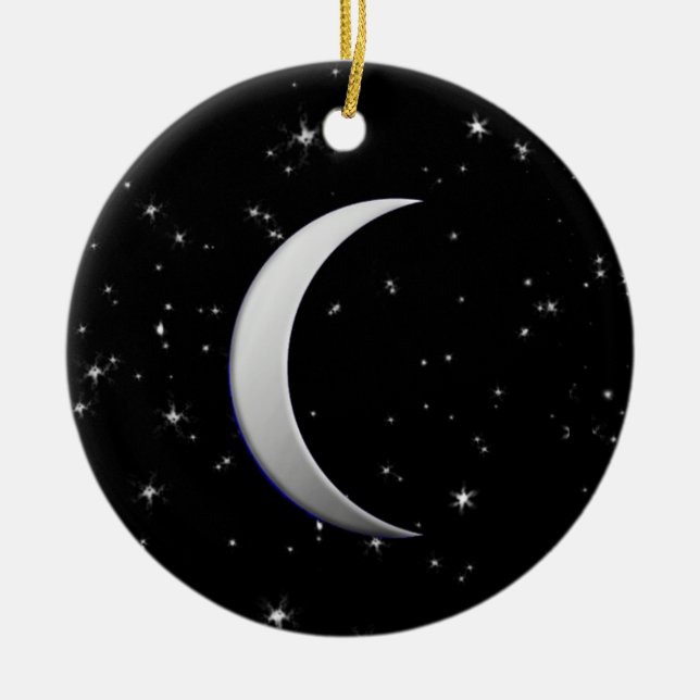 Silver crescent måne - stjärnbakgrund julgransprydnad keramik (Framsidan)