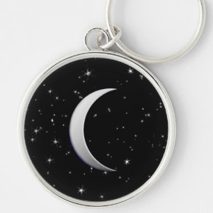 Silver crescent måne - stjärnbakgrund rund silverfärgad nyckelring