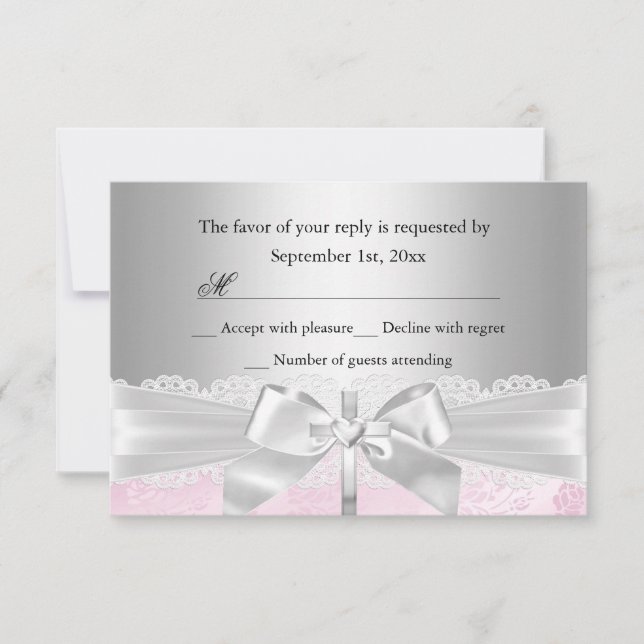 Silver Cross & Lace Bow Dopning/Christening RSVP OSA Kort (Framsida)