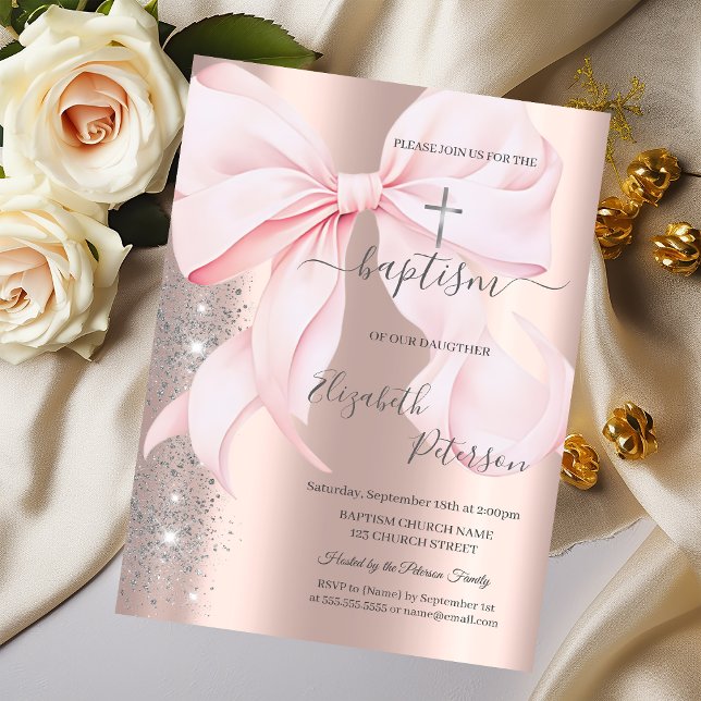 Silver Cross Pink Bow Rose Gold Glitter Dust  Inbjudningar (Skapare uppladdad)