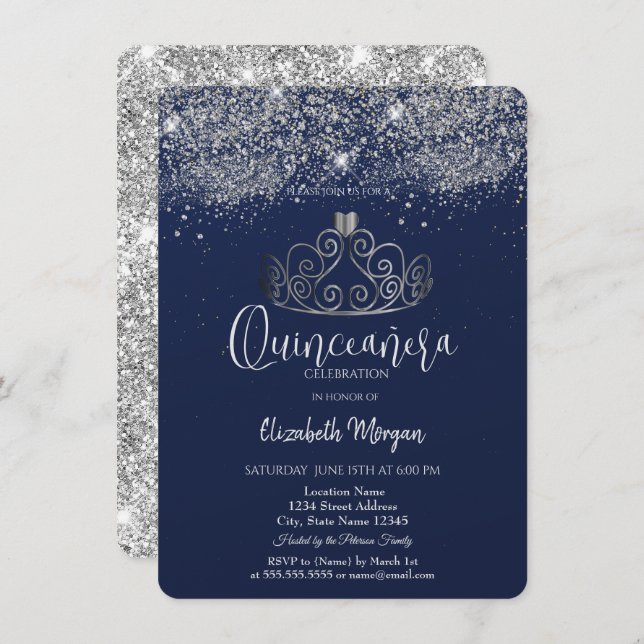 Silver Crown Glitter Confetti  Blue Quinceañera   Inbjudningar (Fram/baksida)