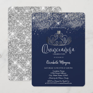 Silver Crown Glitter Konfetti Blå Quinceañera Inbjudningar