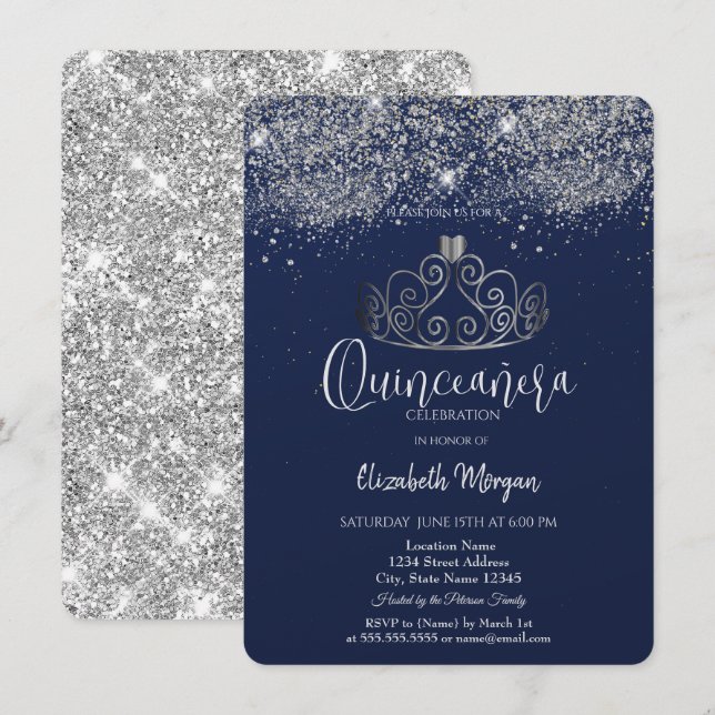 Silver Crown Glitter Konfetti Blå Quinceañera   Inbjudningar (Fram/baksida)