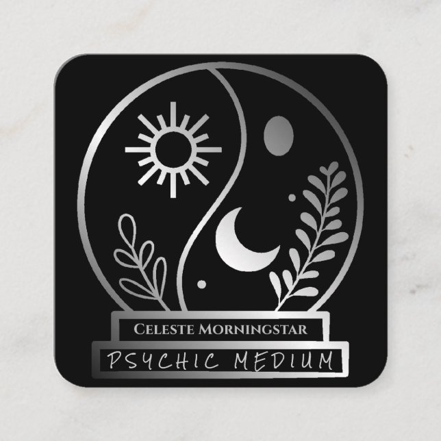 Silver Crystal Boll Psychic Medium Måne Sol Fyrkantigt Visitkort (Framsida)