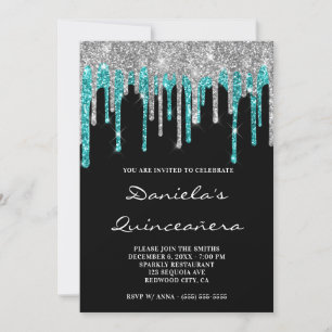 Silver Cyan Glitterdroppar Svart Quinceañera Inbjudningar