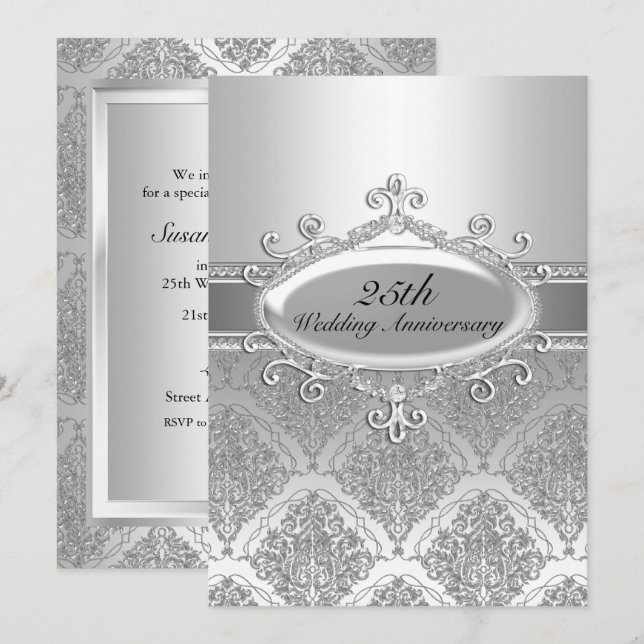Silver Damask 25-årsjubileum Inbjudan (Fram/baksida)