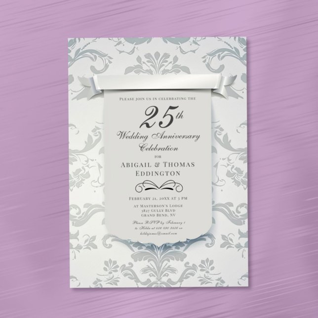 Silver Damask 25:e Bröllop-årsdagen för inbjudan (Silver Damask 25th Wedding Anniversary Invitation)