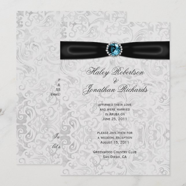 Silver Damask Black Ribbon Blue Jewel Post Bröllop Inbjudningar (Fram/baksida)