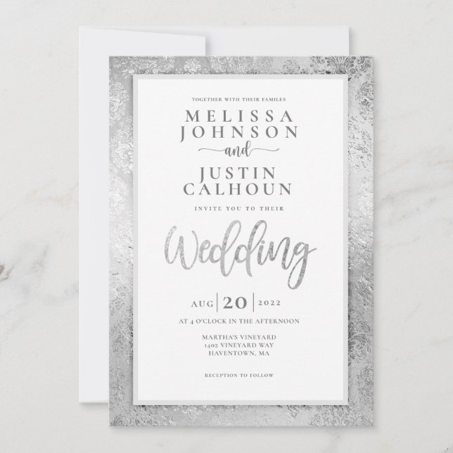 Silver Damask blommigt bröllopsinbjudan Inbjudningar (Framsida)