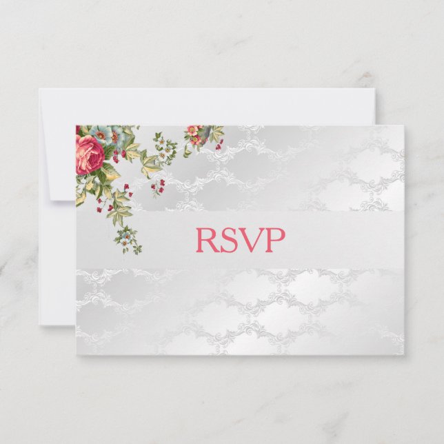 Silver Damask Bröllop RSVP Blommig OSA Kort (Framsida)