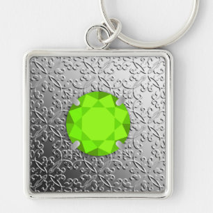 Silver Damask med en faux peridot gemstone Fyrkantig Silverfärgad Nyckelring
