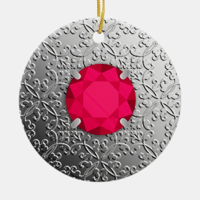 Silver Damask med en faux ruby gemstone Julgransprydnad Keramik (Framsidan)