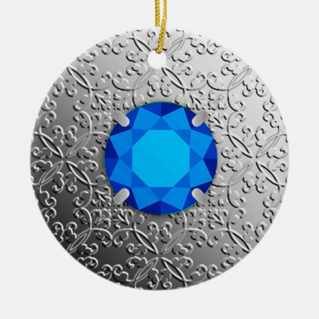 Silver Damask med en faux sapphire gemstone Julgransprydnad Keramik (Framsidan)