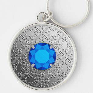 Silver Damask med en faux sapphire gemstone Rund Silverfärgad Nyckelring