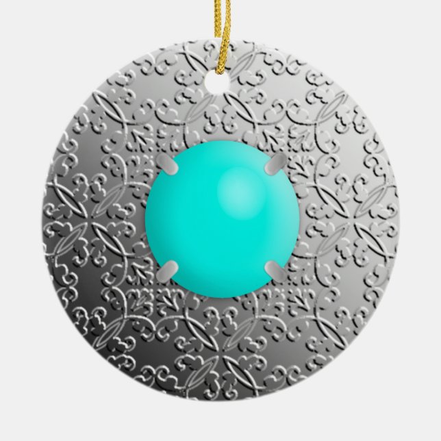 Silver Damask med en faux turquise gemstone Julgransprydnad Keramik (Framsidan)