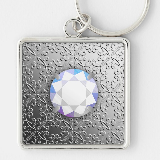 Silver Damask med en fingerad diamantgemsten Fyrkantig Silverfärgad Nyckelring (Framsidan)