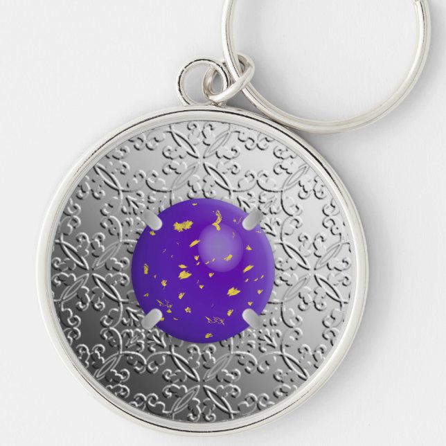 Silver Damask med en fingerad lapis lazuli gemston Rund Silverfärgad Nyckelring (Framsidan)